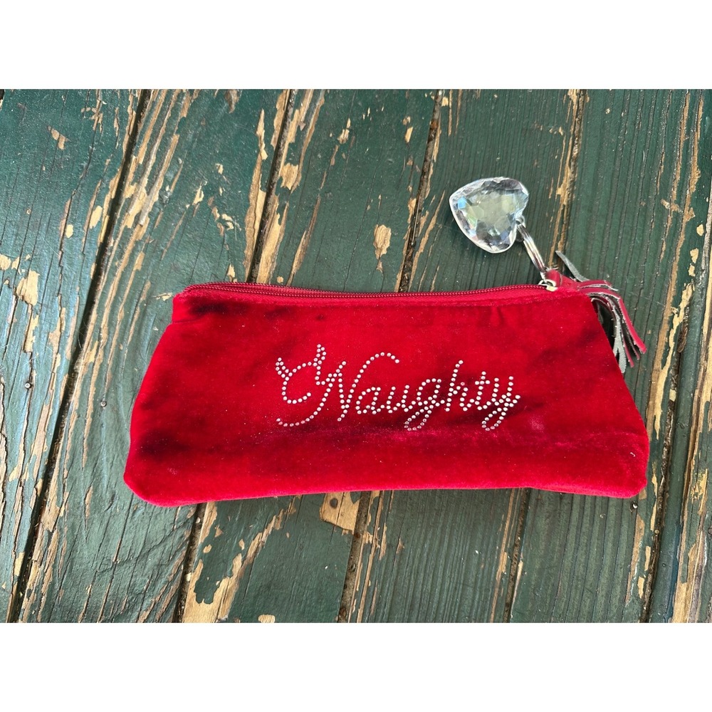 Red Velvet Naughty Nice Rhinestone Makeup Bag Heart Charm Zipper Pouch